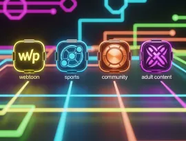 양한 카테고리 아이콘(웹툰, 스포츠, 커뮤니티, 성인 콘텐츠)이 화려하게 배치된 인터페이스를 보여주는 고해상도 이미지.